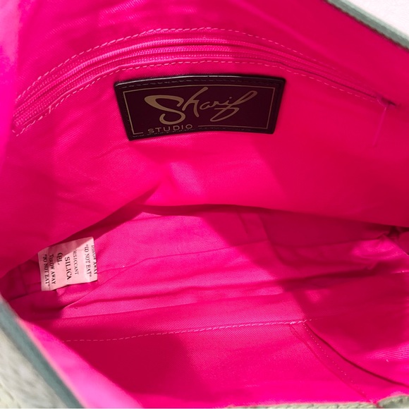 SHARIF 1827 GREEN & BROWN HANDBAG LEATHER TRIM WITH LAMINATE AND POUCH NWOT - Picture 15 of 15